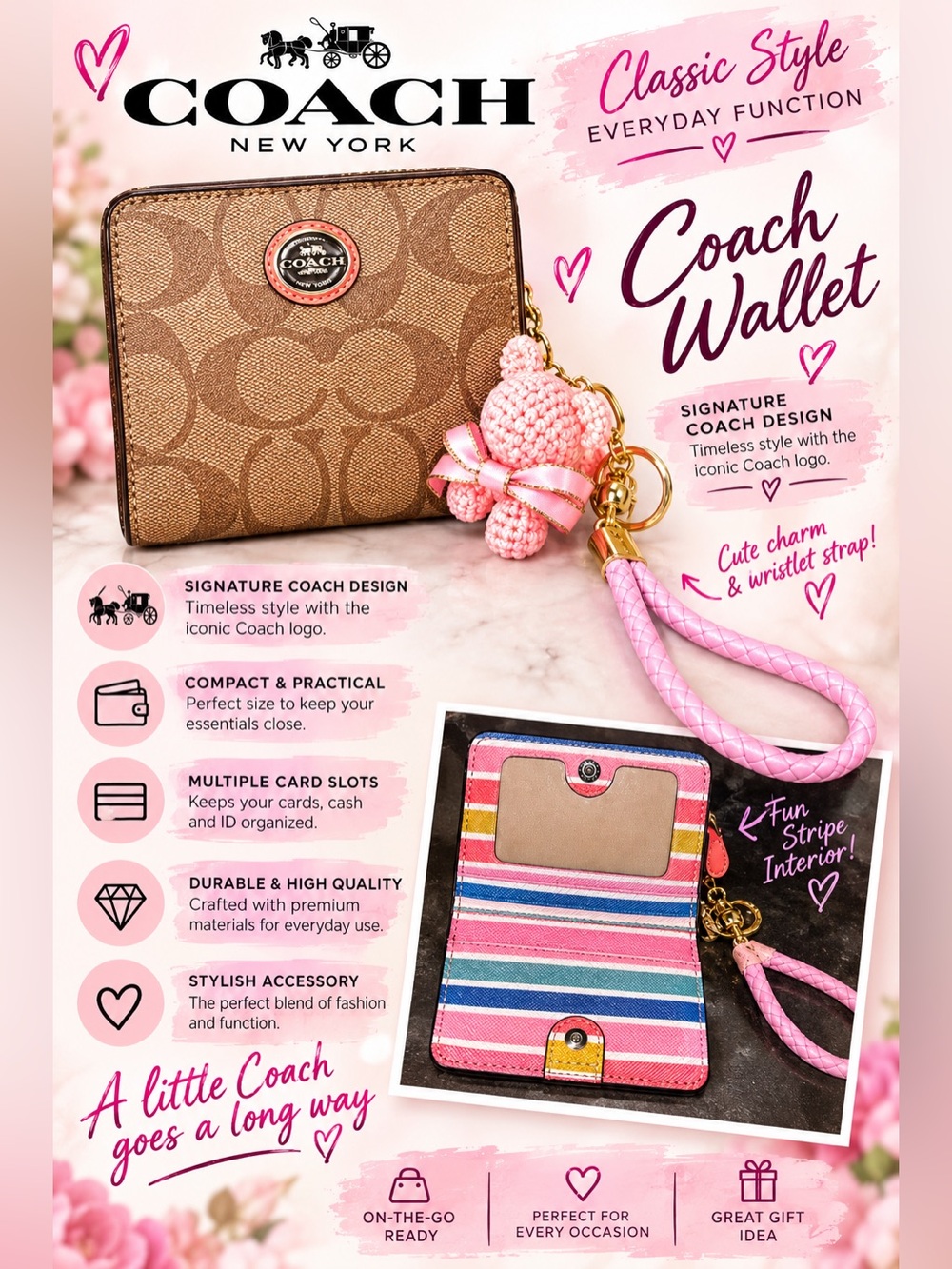 Coach Snap Wallet in Signature Canvas with Stripes Brown & Pink